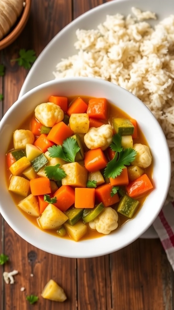 A bowl of vegetable curry with carrots, bell peppers, zucchini, and cauliflower in coconut sauce, garnished with cilantro, served with rice.